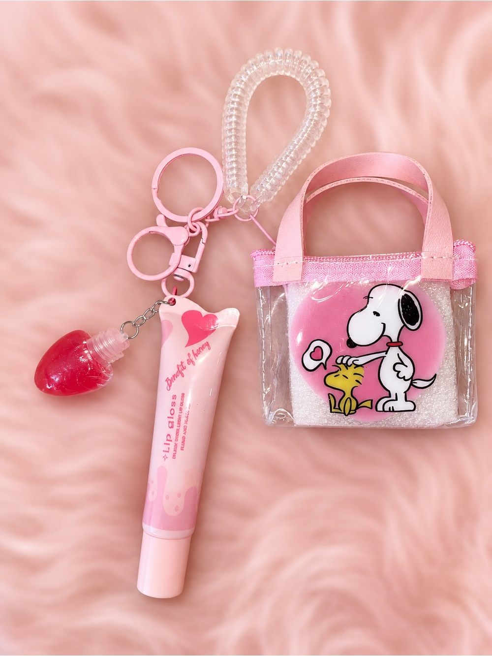 Pink Snoopy Clear Tote Keychain Set with Lip Gloss